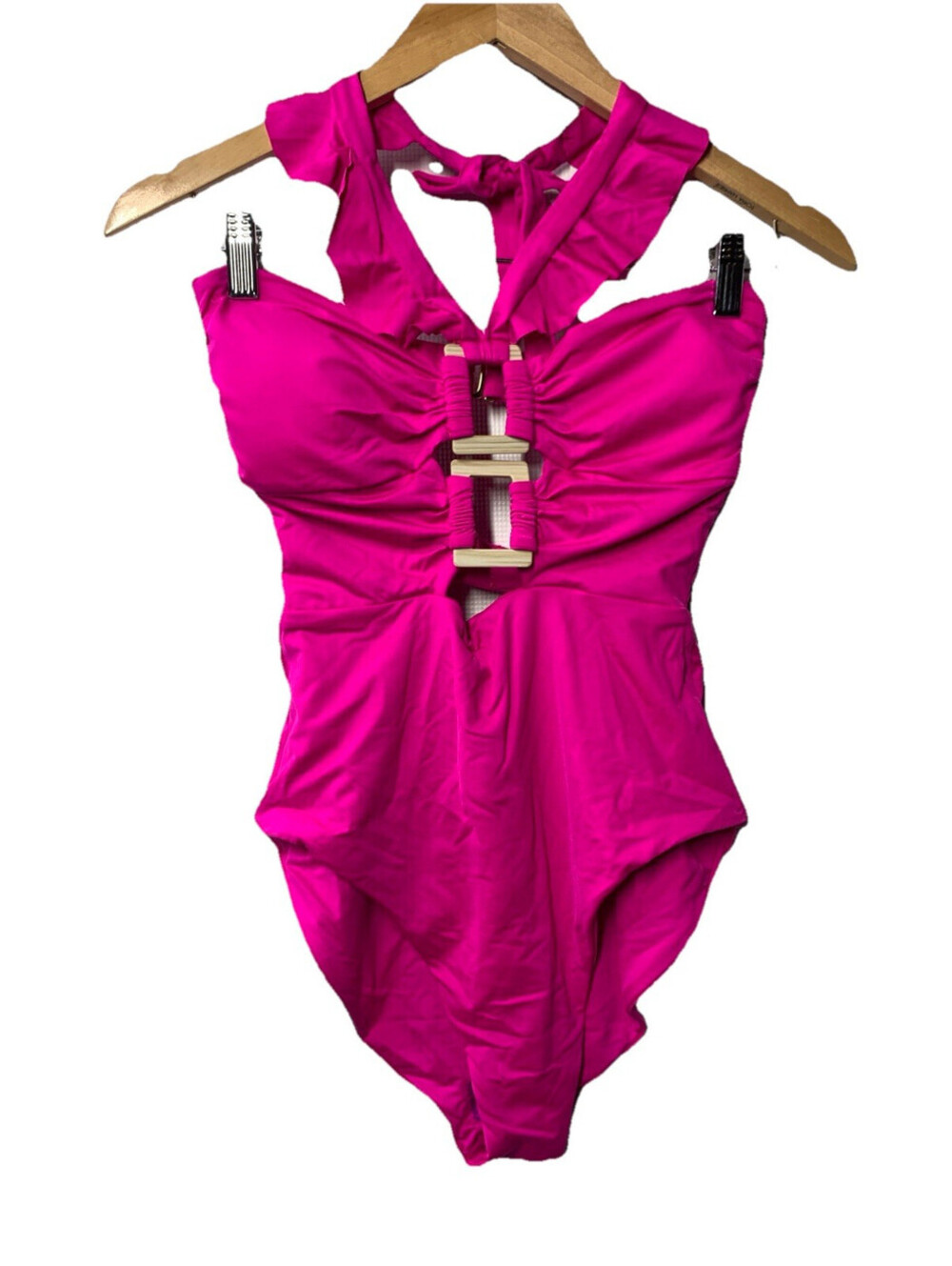 Soluna Swim Buckle Up One Piece Bandeau Cut-Out Ruffled Halter Swimsuit Medium
